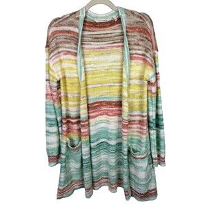 Soft Surroundings Juniper Open Front Cardigan Sweater Aqua Multi Stripe Cottn XS